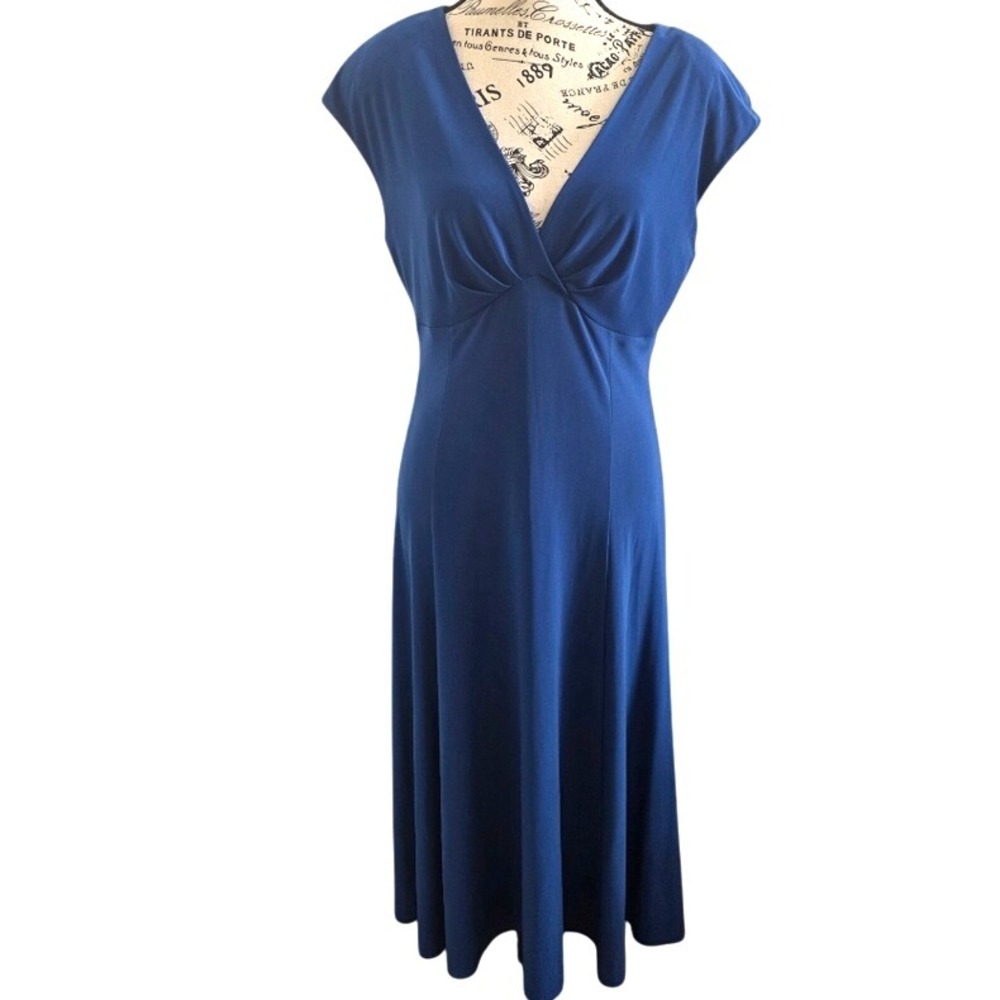Chaps Women's Blue Cap Sleeve V Neck Midi Dress Size M